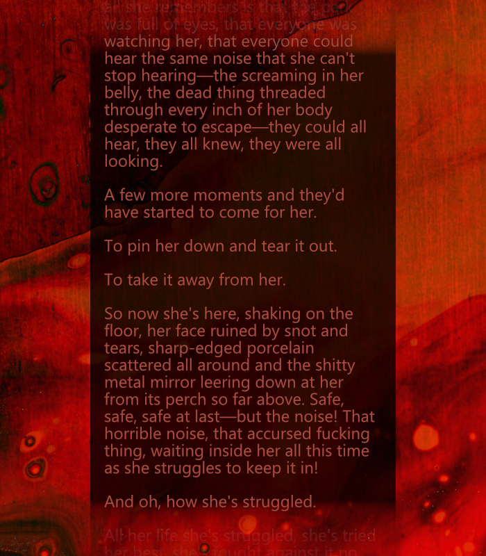 The second section of this story. Red text on a black-and-red background, evocative of blood.