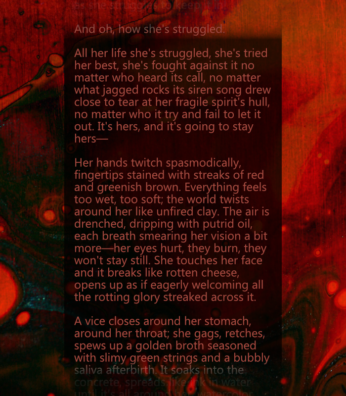 The third section of this story. Red text on a black-and-red background, evocative of blood.