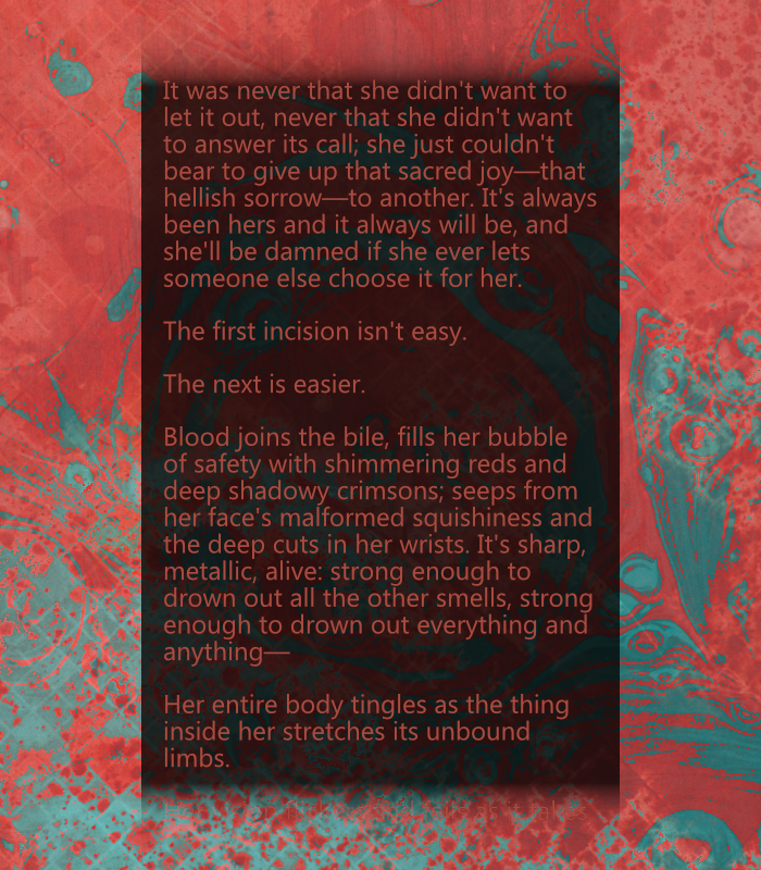 The fifth section of this story. Red text on a black-and-red background, fading into splotchy grey