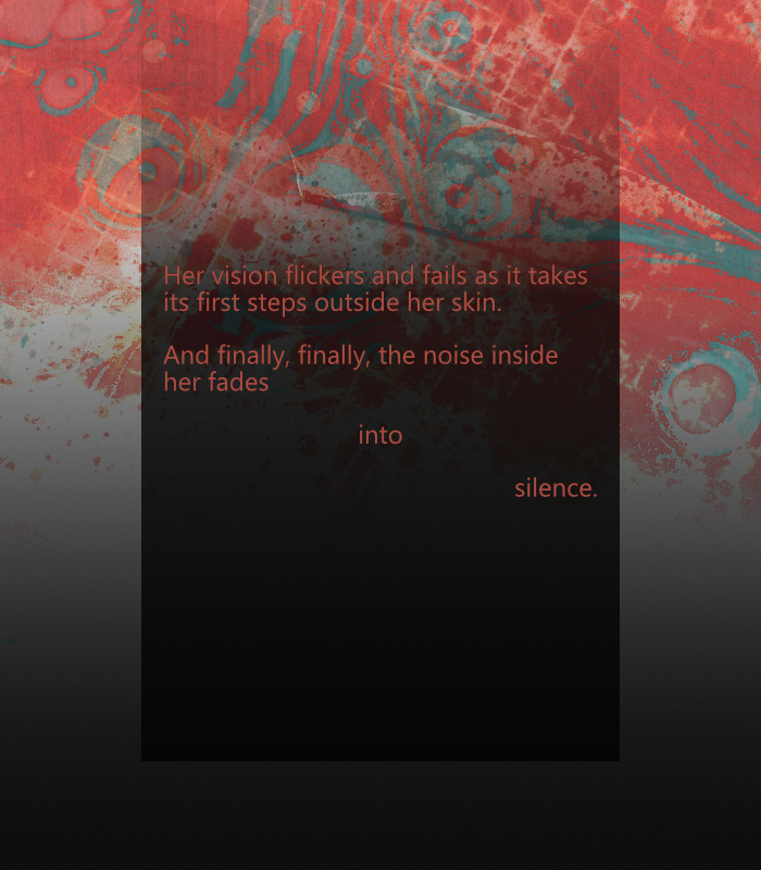 The sixth and final section of this story. Red text on a black-and-red background, fading into splotchy grey and then black.